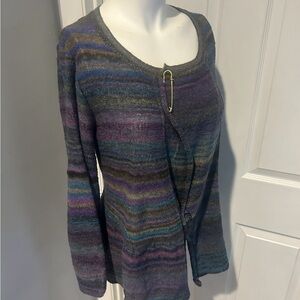 M + KYOKO OF JAPAN BLUE/PURPLE/BLACK CARDIGAN SWEATER WITH GOLD SAFETY CLIPS S/1
